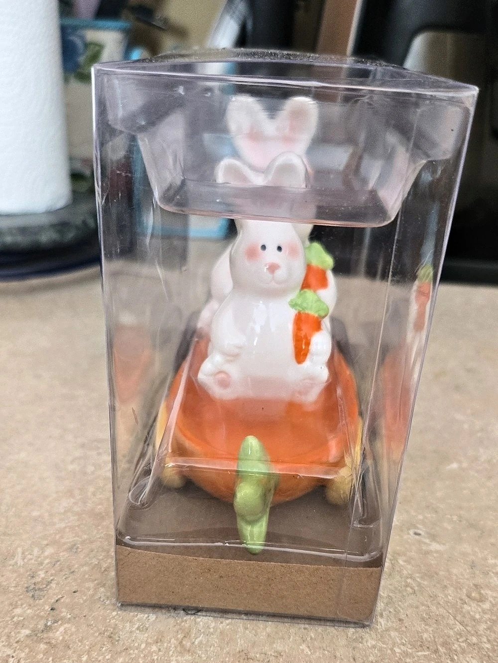 Ceramic Bunny Rabbit in Carrot Racecar Salt and Pepper Shakers